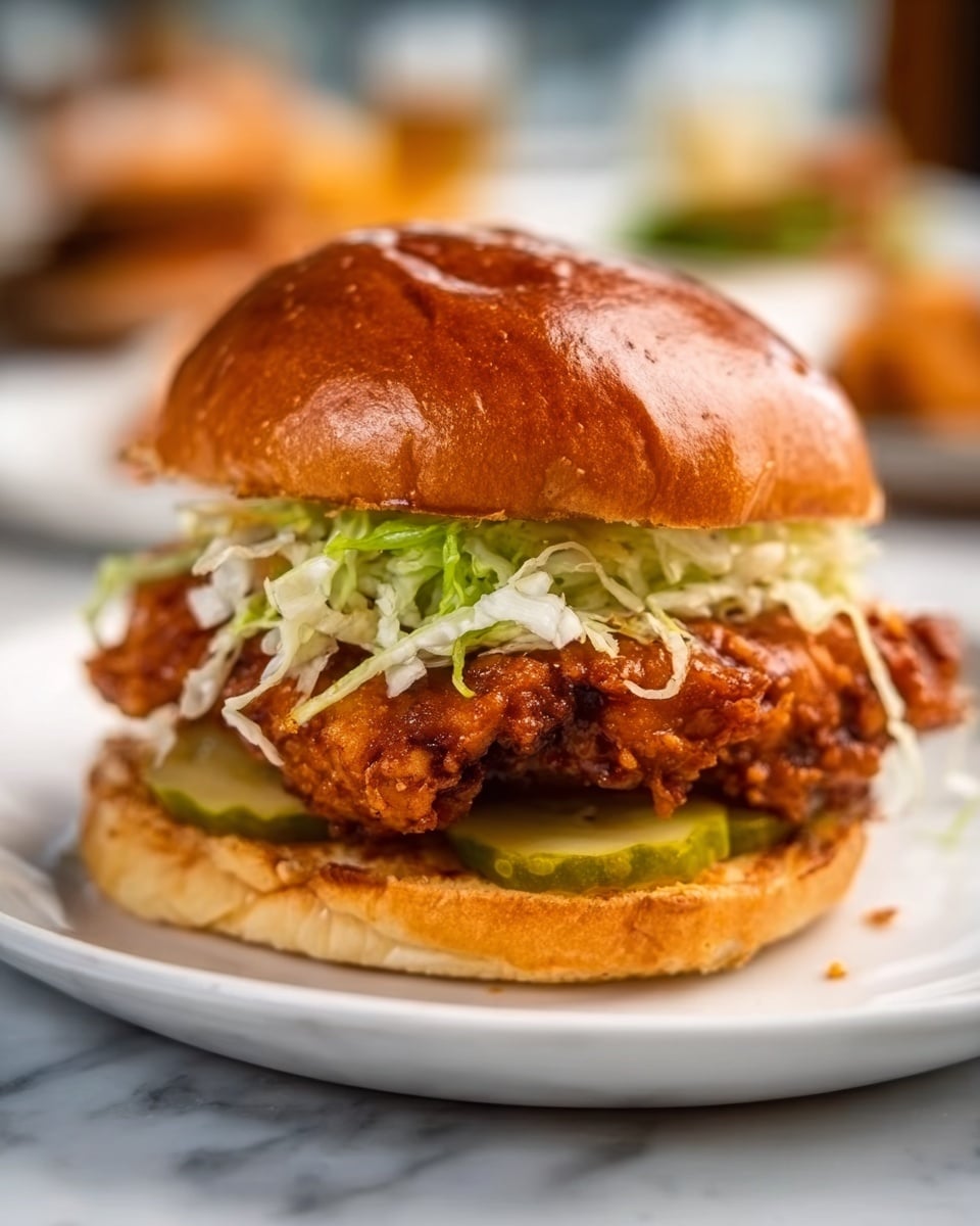 The image shows a fried chicken sandwich with three main layers inside a shiny, golden-brown bun. The bottom layer has green pickles and white mayonnaise sauce spread on the bun. Above that is a large piece of crispy fried chicken with a rough, crunchy texture and a golden color. On top of the chicken is a layer of light green shredded lettuce mixed with some white shredded cheese. The sandwich is placed on a white plate with a blue and white striped cloth underneath, all set on a white marbled surface. photo taken with an iphone --ar 4:5 --v 7