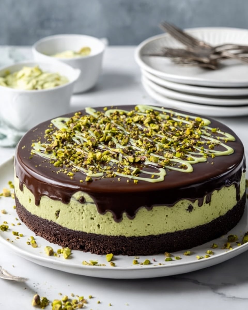 The image shows a three-layer round cake on a white plate placed on a white marbled surface. The bottom layer is dark brown, looking dense and chocolatey. The middle layer is a thick green layer with a smooth, creamy texture. The top layer is a shiny dark chocolate glaze with light green drizzle swirling over it in thin lines, with small green nut pieces sprinkled on top and around the plate. In the background, there are a white bowl with green cream and some white plates with forks. photo taken with an iphone --ar 4:5 --v 7