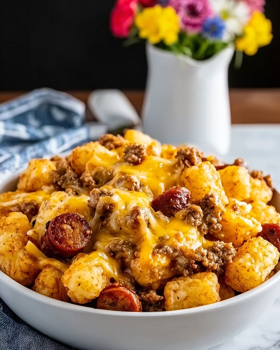The image shows a white bowl filled with a layered dish consisting of crispy golden brown tater tots on top, melted bright yellow cheddar cheese draped over the tots, and beneath them, a mix of browned ground meat and sliced reddish-brown sausage pieces. The bowl sits on a white marbled surface, and in the background, there is a blurred white vase holding yellow and purple flowers and a white napkin with a yellow checkered pattern. The textures range from the crunchy surface of the tater tots to the gooey melted cheese and the slightly oily cooked meats. Photo taken with an iphone --ar 4:5 --v 7
