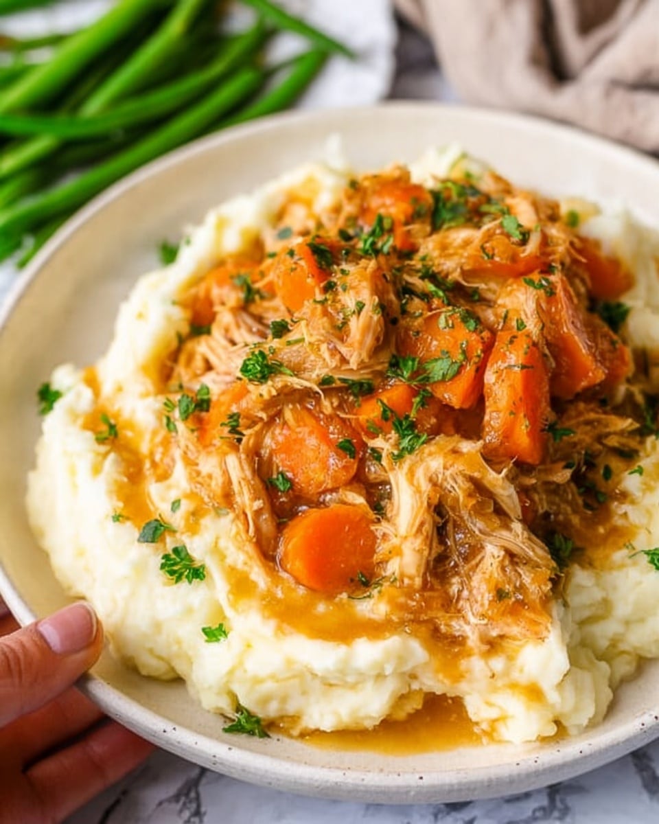 A white plate holds a dish with two main layers on a white marbled surface. The bottom layer is a smooth, creamy white mashed potato base, spread thickly over the plate. On top, there is shredded cooked chicken mixed with chunky cooked orange carrot slices and some glossy sauce that looks rich and savory. The dish is sprinkled with small green herb pieces for color. The overall look is warm and comforting, with soft textures and natural colors. Photo taken with an iphone --ar 4:5 --v 7