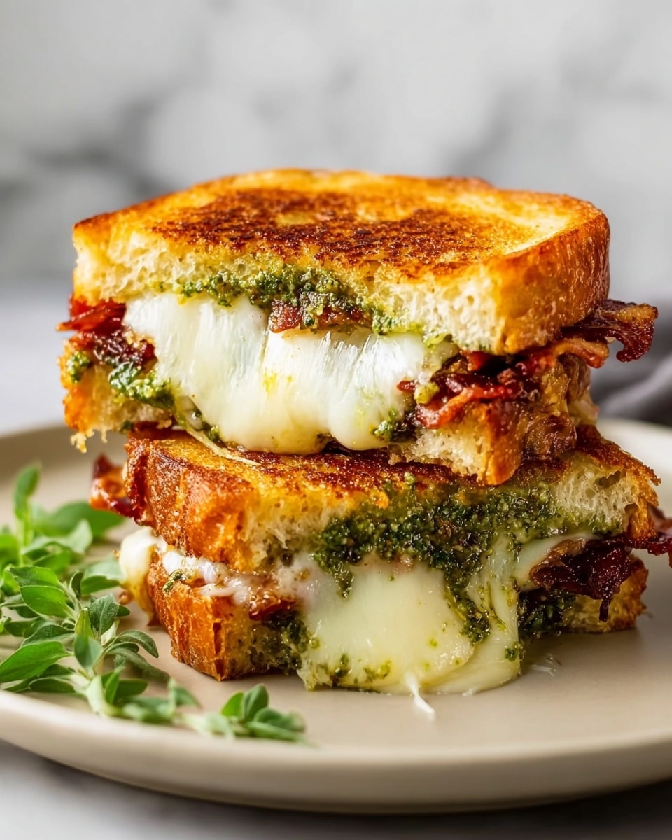 A grilled cheese sandwich cut in half and stacked, showing two layers of melted white cheese stretching and oozing out from between three slices of golden brown toasted bread with a crispy texture. Between the cheese layers, there is a thick layer of reddish-brown crispy bacon and a green pesto spread visible on the inner sides of the bread and slightly on top, adding a textured, speckled look. The sandwich sits on a white plate with a few fresh green herb leaves beside it, all set against a white marbled textured background. Photo taken with an iphone --ar 4:5 --v 7