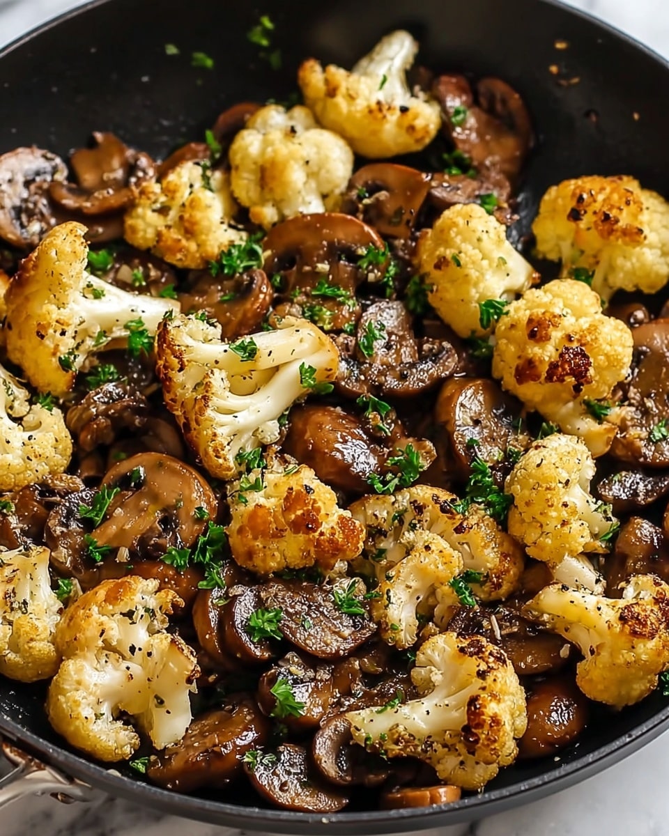 A close-up view of a sauté pan filled with cooked mushroom slices and cauliflower florets. The mushrooms are golden brown with a shiny, slightly oily texture and are scattered evenly throughout the pan. The cauliflower pieces are white with a light golden brown char on edges, showing a soft but slightly crispy texture. Small green bits of parsley are sprinkled on top of the vegetables, giving a fresh contrast to the warm brown and white colors. The pan surface is dark and slightly glossy from cooking oil, and the background shows a white marbled texture. Photo taken with an iphone --ar 4:5 --v 7