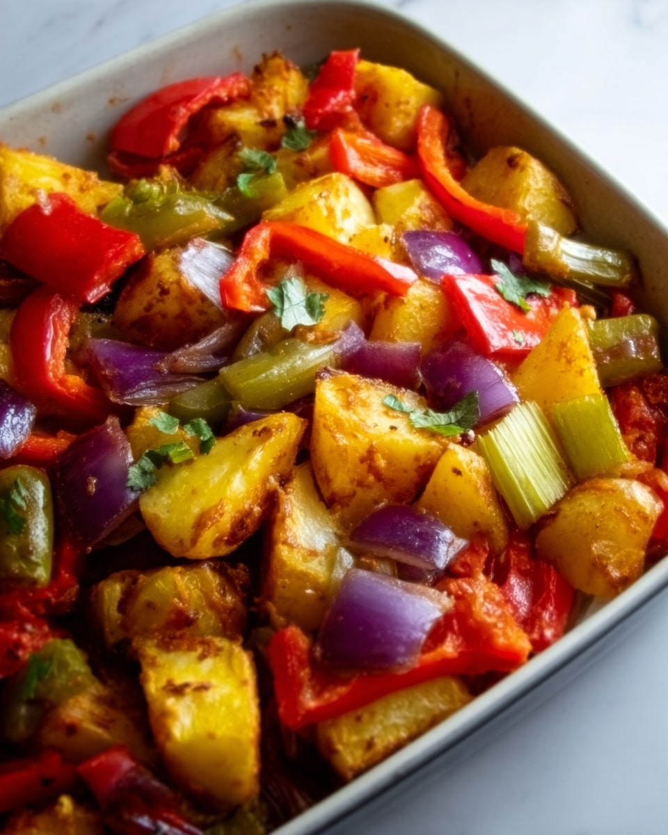 The image shows a colorful roasted vegetable dish with layers of chopped orange bell peppers, yellow potatoes, red onions, and green celery, all mixed and roasted together. The vegetables have a slightly charred, crispy texture, and the red onions show some caramelized edges. The dish looks juicy with a shiny glaze, and some herbs are sprinkled on top. The whole dish is placed in a white bowl sitting on a white marbled surface. Photo taken with an iphone --ar 4:5 --v 7
