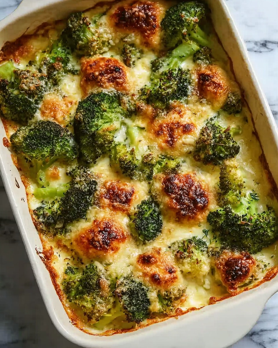 A white rectangular baking dish filled with a baked broccoli and cheese dish, showing two main layers: the base layer consists of bright green broccoli florets spread evenly, and the top layer consists of golden brown melted cheese blobs with crispy, browned edges, some showing a bubbly texture. The broccoli has some darker roasted spots, and the cheese appears thick and slightly gooey with a crusty top. The edges of the dish show some baked cheese spills. The dish rests on a white marbled surface. Photo taken with an iphone --ar 4:5 --v 7
