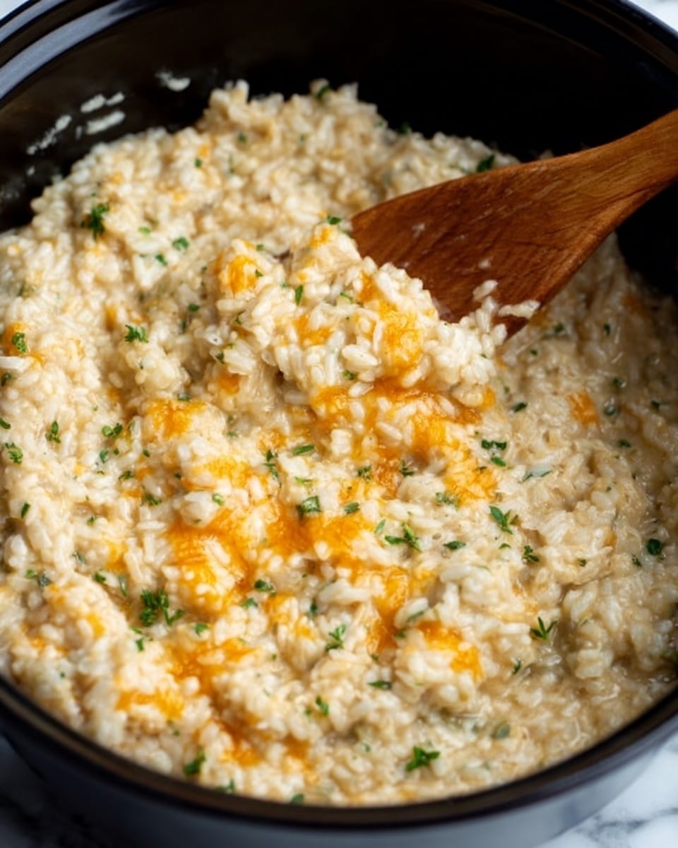 The image shows a close-up view of a creamy chicken and rice dish inside a black pot. The dish has a thick texture, with visible pieces of tender white chicken mixed in with soft, beige-colored rice. There are small bits of green herbs sprinkled throughout, adding a touch of color. The surface has melted orange cheese scattered unevenly across the top, giving it a slightly glossy look. A wooden spoon is partly visible, resting in the pot, stirring the mixture. The background is a white marbled texture. Photo taken with an iphone --ar 4:5 --v 7