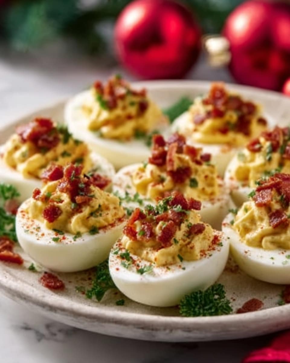 A white plate holds six deviled eggs arranged neatly in two rows. Each egg half shows a smooth white egg white shell filled with a creamy yellow yolk mixture, topped with small pieces of red bacon and sprinkled with green herbs. The plate rests on a white marbled surface. In the background, small bright red Christmas decorations are softly blurred, giving a festive feeling. Photo taken with an iphone --ar 4:5 --v 7