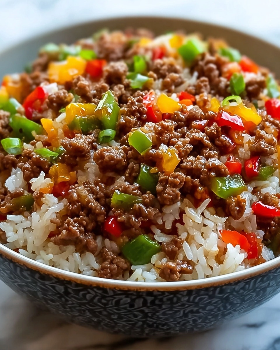 A close-up view of a bowl filled with fried rice layered with small pieces of cooked ground meat mixed evenly with diced red, green, and yellow bell peppers; the rice grains are white and fluffy, scattered throughout the dish beneath the glossy, brown-colored meat and bright vegetables, all sitting in a deep, white bowl with a subtle dark pattern on the outside, placed on a white marbled surface. photo taken with an iphone --ar 4:5 --v 7