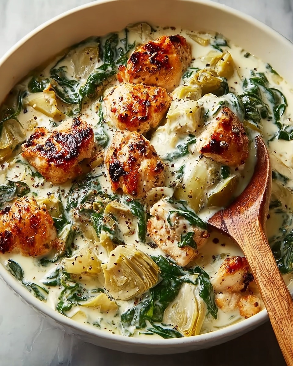 A white bowl filled with a creamy dish showing three layers: the top layer has golden-brown grilled chicken pieces with charred spots, the middle layer features cooked bright green spinach leaves mixed in the creamy sauce, and the bottom layer has chunks of pale yellow artichoke hearts submerged in a smooth white cream sauce, with black pepper sprinkled all over; a wooden spoon scoops some of the creamy mixture from the side, resting against the bowl’s edge, with all placed on a white marbled surface. photo taken with an iphone --ar 4:5 --v 7