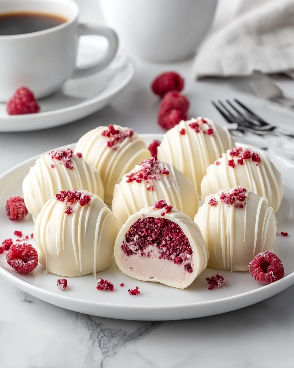 A white plate holds eight small round truffles, each coated in smooth white chocolate with thin white chocolate drizzle lines on top. The top of each truffle is decorated with small red berry pieces and white sugar crystals. One truffle is cut in half at the front, showing three layers inside: an outer white chocolate shell, a creamy pale pink middle layer, and a deep red textured berry filling core. Around the plate, scattered freeze-dried raspberries add color. The setup is on a white marbled surface, with a white cup and saucer in the background and a fork to the right side. photo taken with an iphone --ar 4:5 --v 7