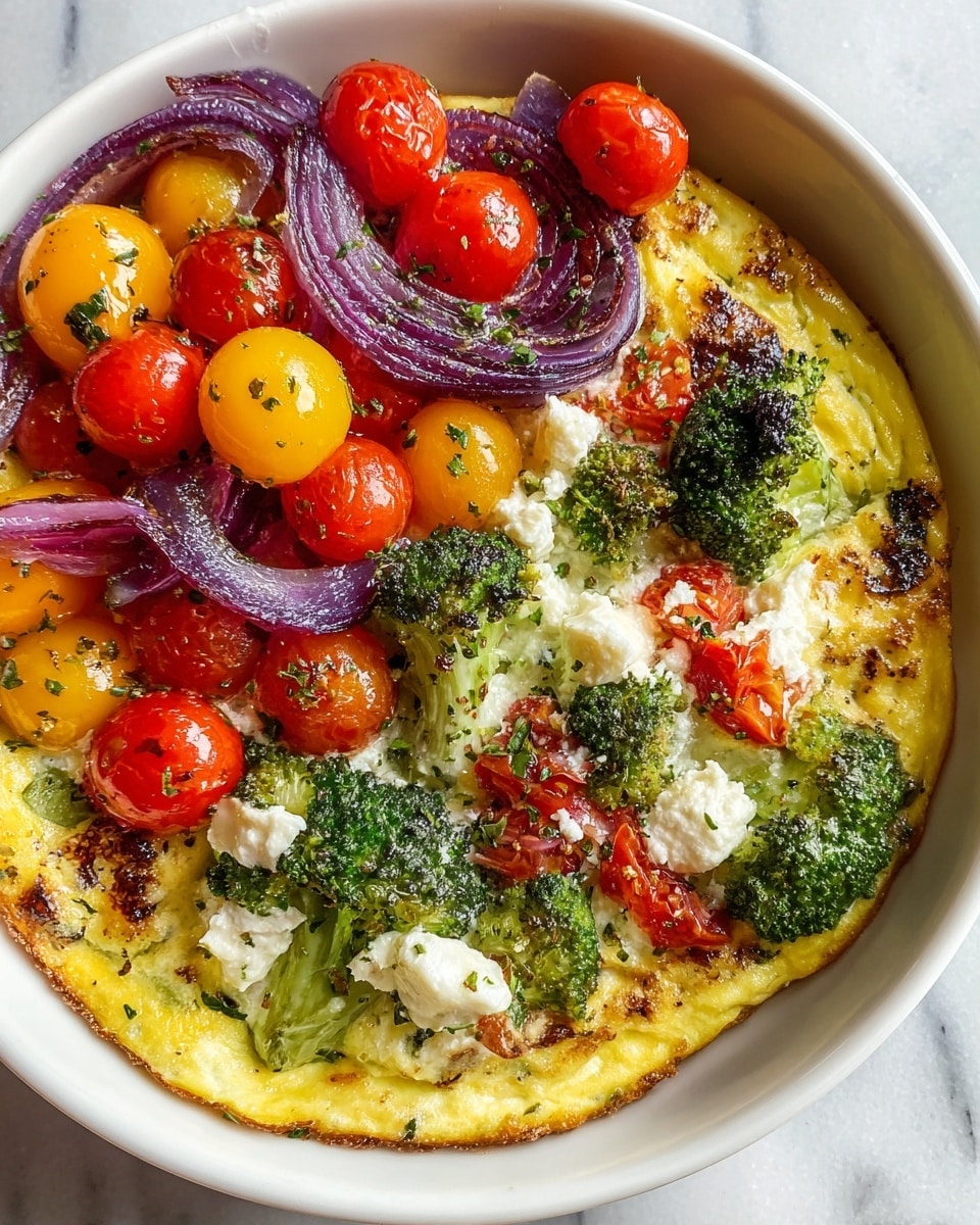 The dish is served in a white bowl on a white marbled surface, featuring a two-part arrangement. On the left side, there is a mix of whole yellow and red cherry tomatoes, some halved, with vibrant purple-red roasted onion slices layered on top, all lightly sprinkled with herbs. On the right side, a thick frittata or baked egg base with a soft yellow color forms the bottom layer, topped with bright green broccoli florets, white chunks of crumbly cheese with browned spots, and small pieces of red tomato scattered throughout. The whole dish has a slightly charred, textured appearance with herbs sprinkled over. Photo taken with an iphone --ar 4:5 --v 7