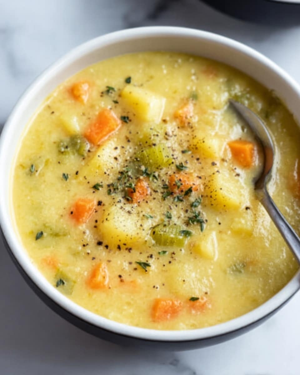 A white bowl filled with rich, creamy soup that has a smooth yellow base mixed with small chunks of vegetables like orange carrots, light green celery, and pale potatoes, all visible throughout. On top, there is a light sprinkle of green herbs and a dusting of black pepper. A silver spoon is resting inside the bowl, slightly submerged in the soup. The bowl is placed on a white marbled surface. Photo taken with an iphone --ar 4:5 --v 7