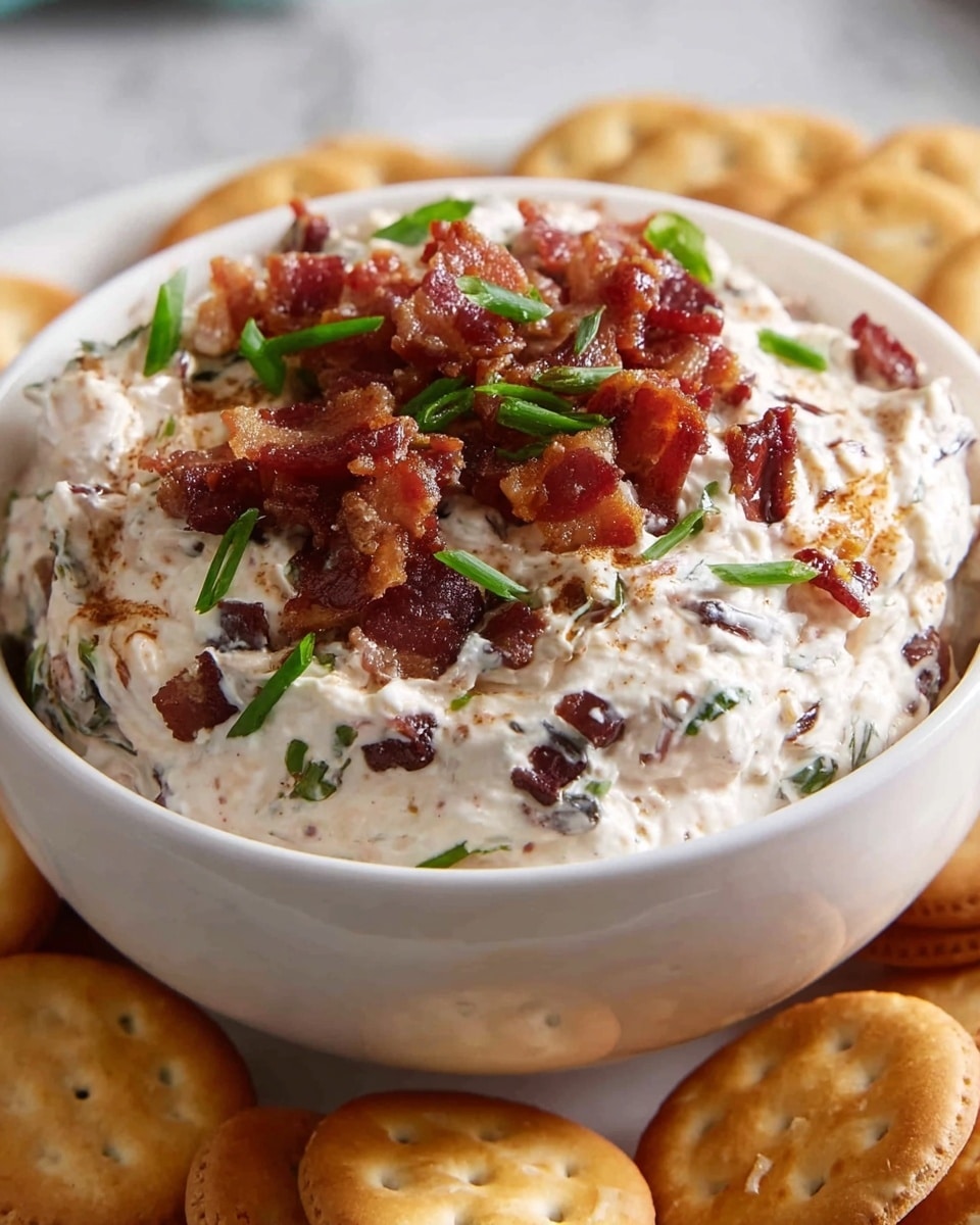 A white bowl filled with a creamy dip that has a thick texture, mixed with bits of crispy bacon and green herbs throughout. On top, there are chopped crispy bacon pieces and fresh green herbs scattered as garnish. Surrounding the bowl are round, golden-brown crackers placed on a white marbled surface. The lighting highlights the rich texture of the dip and the crunchiness of the bacon and crackers. Photo taken with an iphone --ar 4:5 --v 7
