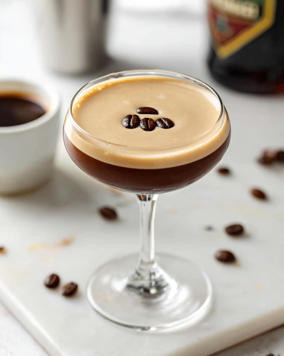A clear glass with a stem holds a creamy, light brown espresso martini topped with four dark brown coffee beans arranged in the center. The drink has a smooth, frothy surface with tiny bubbles. The glass is set on a white marbled texture with scattered coffee beans nearby. In the background, there is a small white cup with espresso and a bottle partially visible. Photo taken with an iphone --ar 4:5 --v 7
