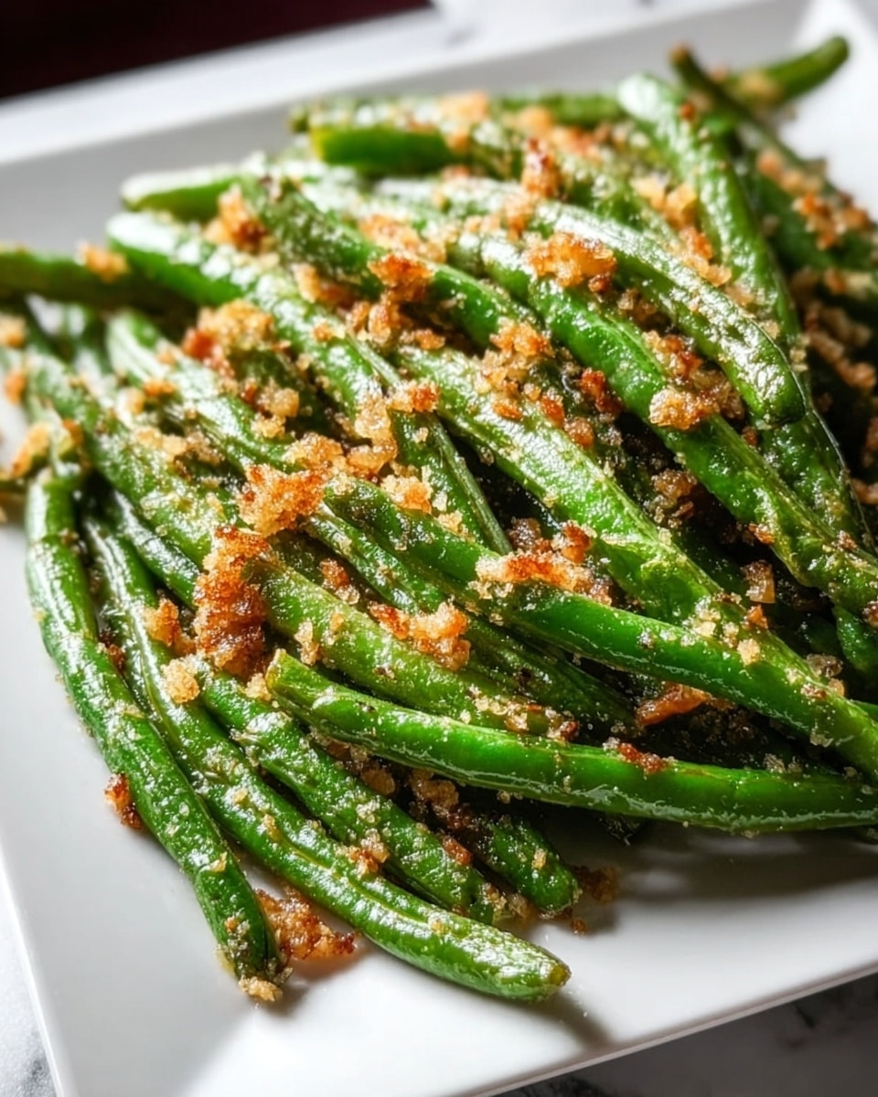 A white square plate filled with a pile of cooked green beans covered in a golden-brown breadcrumb topping. The green beans are bright and slightly wrinkled from cooking, layered naturally with some beans lying across others. The breadcrumbs are sprinkled thickly, adding a rough texture and warm color contrast on the shiny green beans. The plate sits on a white marbled surface with soft natural light creating gentle shadows around the beans. photo taken with an iphone --ar 4:5 --v 7