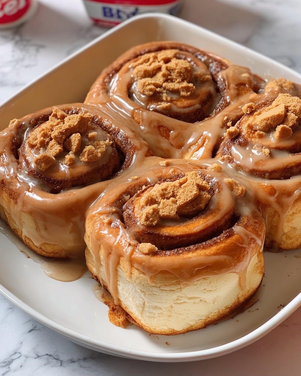 The image shows three cinnamon rolls stacked closely on a white plate, sitting on a white marbled surface. Each roll has a visible spiral layer of soft golden-brown dough with a dark brown cinnamon sugar filling inside. The top of the rolls is thickly covered with smooth, light brown icing that drips slightly down the sides, and there are some granulated brown sugar sprinkles on top, adding texture and sparkle. The rolls have a soft, fluffy look with a slightly crisp bottom edge. The photo taken with an iphone --ar 4:5 --v 7