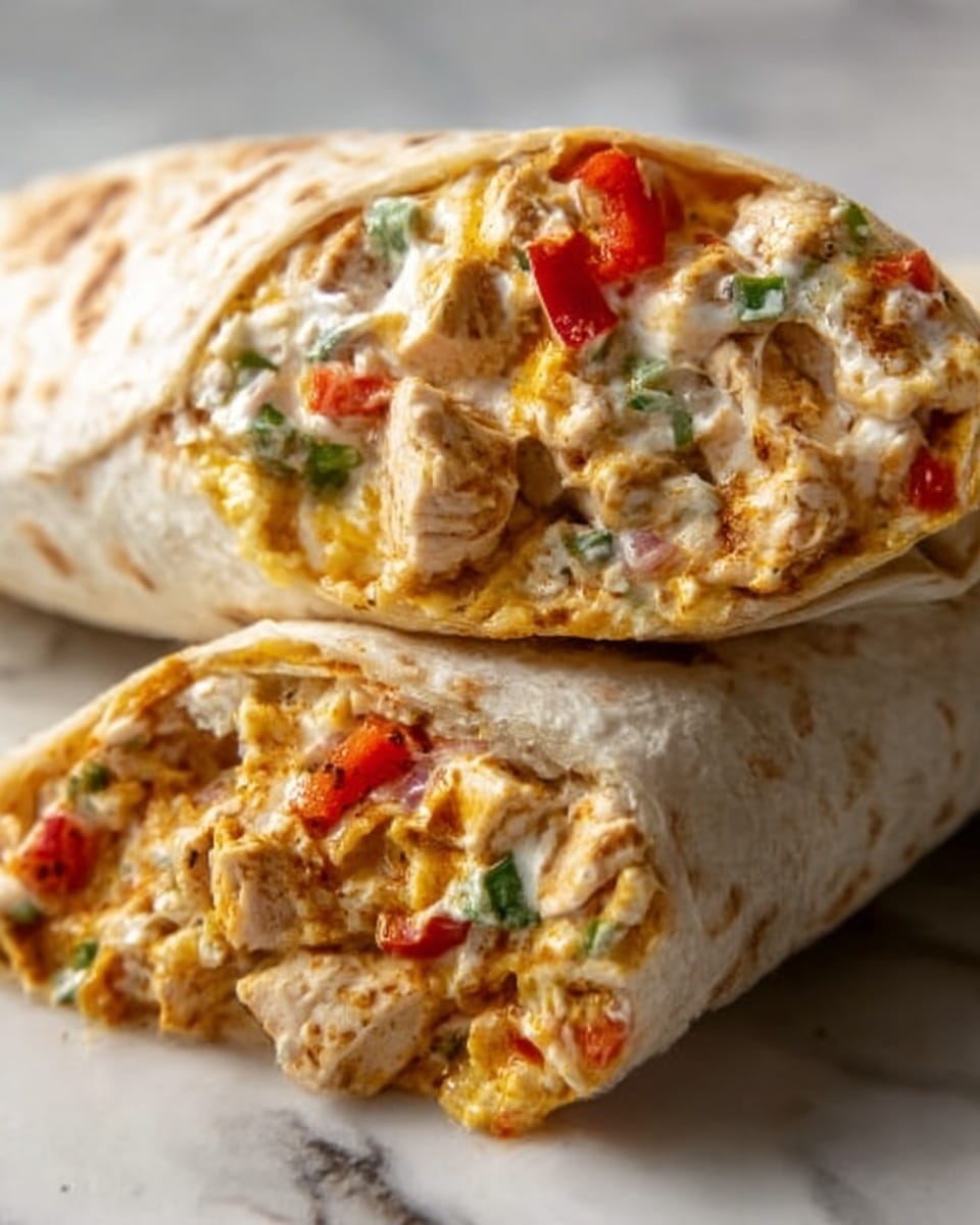 A close-up view of a large wrap cut in half, filled with layers of cooked chicken pieces, scrambled eggs, diced red bell peppers, and melted cheese. The wrap is light brown with some darker toasted spots, tightly rolled and slightly open at the cut end, showing the colorful filling inside. The textures show soft scrambled eggs mixed with tender chicken chunks and small, bright red pepper bits scattered throughout. The wrap is placed on a white plate, set on a white marbled surface. photo taken with an iphone --ar 4:5 --v 7