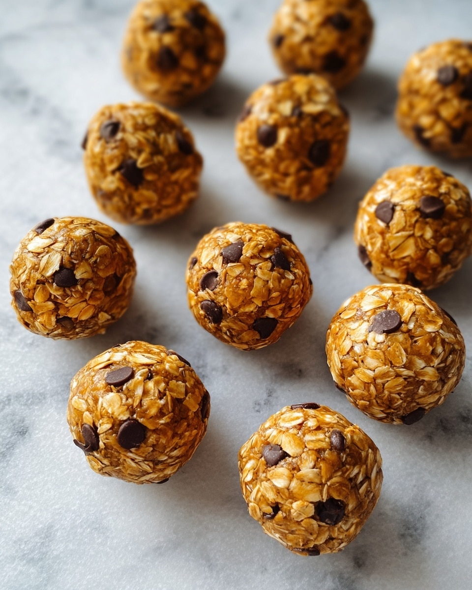 Several round, golden-brown energy balls are placed closely together on crinkled parchment paper over a white marbled texture. Each energy ball has a rough texture made of oats mixed tightly with visible dark brown chocolate chips scattered evenly throughout. The oats give a slightly shiny, textured look, while the chocolate chips add contrast with their smooth surface. The balls have a uniform size and shape, arranged in a loose grid pattern that fills the frame. photo taken with an iphone --ar 4:5 --v 7