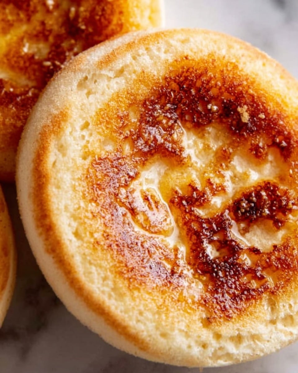 A close-up view of a toasted English muffin showing a thick, golden brown top layer with a bubbly, caramelized texture and sprinkled sugar crystals. The muffin is in a round white plate, with part of another muffin visible in the background. The surface beneath the plate is a white marbled texture. Photo taken with an iphone --ar 4:5 --v 7