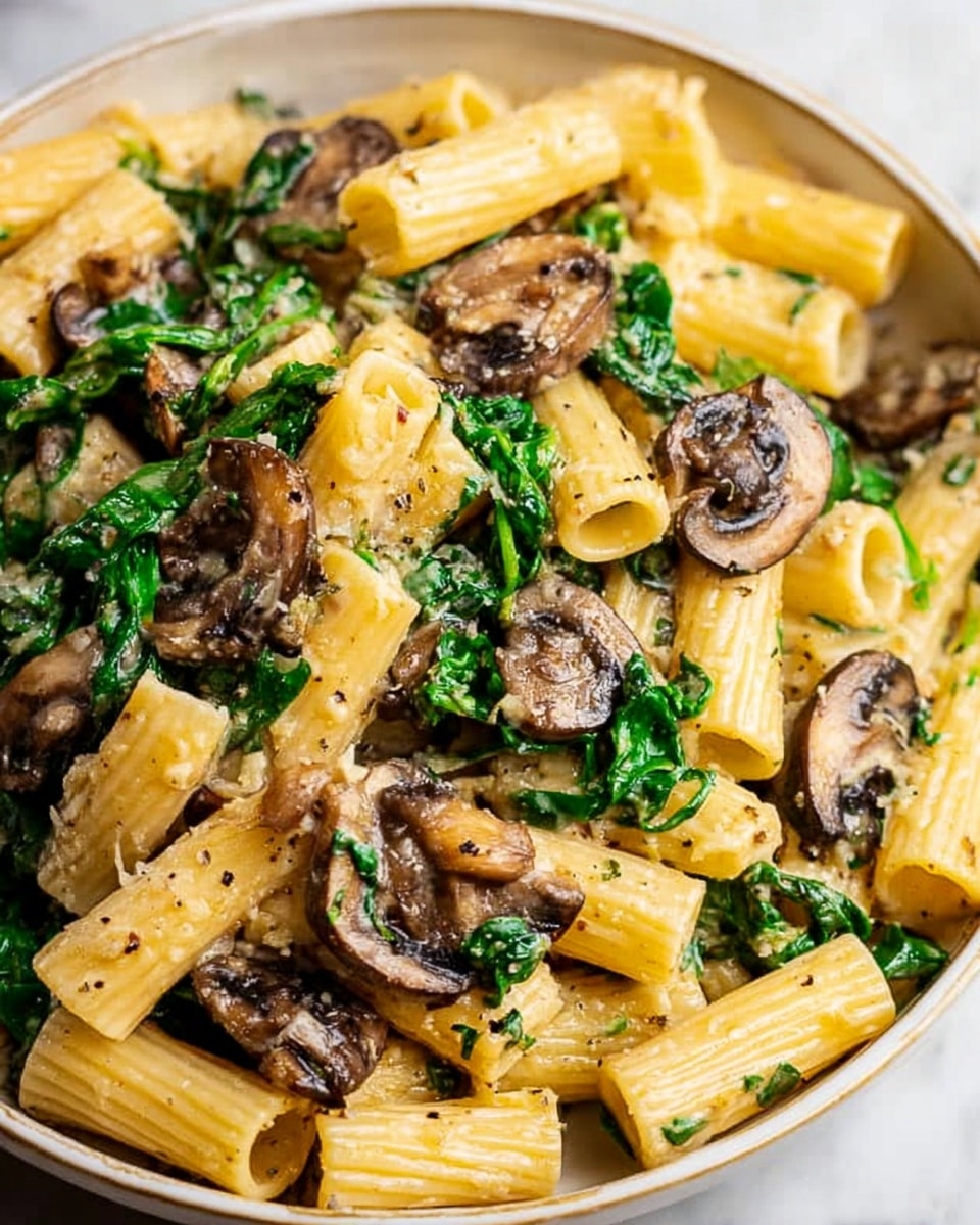 This close-up image shows a shallow white plate filled with rigatoni pasta mixed with sautéed mushrooms and wilted spinach. The rigatoni is light golden-yellow with ridged tubes forming the main layer. Scattered among the pasta are slices of brown, cooked mushrooms adding texture and darker spots. Bright green spinach leaves are mixed evenly throughout, adding fresh color and softness. The dish appears creamy with a slight shine from sauce coating the pasta and vegetables, and small bits of seasoning are visible. The overall look is hearty and fresh, set on a white marbled surface. photo taken with an iphone --ar 4:5 --v 7