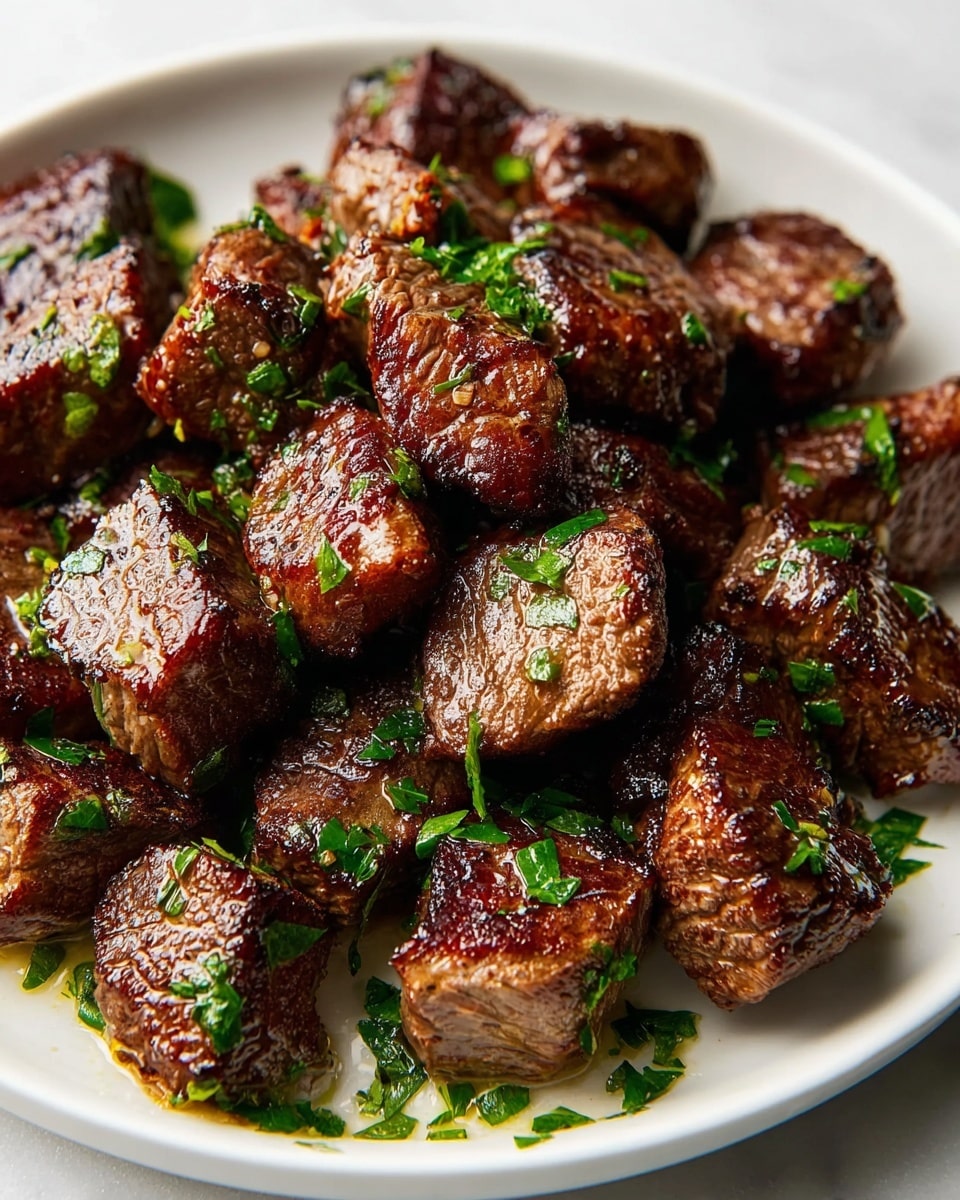 A white plate filled with many small, browned beef cubes that have a glistening, slightly oily surface showing their juicy texture; each piece is richly seared with dark caramelized edges and sprinkled generously with bright green chopped herbs that add a fresh color contrast, scattered evenly over the top and around the plate edges, all sitting on a white marbled surface. photo taken with an iphone --ar 4:5 --v 7