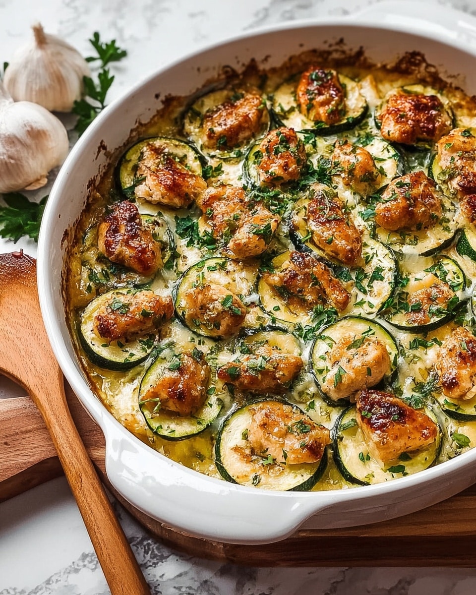 The dish shows a white baking dish filled with a layered casserole. The bottom layer appears creamy and golden, topped with evenly spread round slices of green zucchini that have slight grill marks on the top. Scattered between these slices are browned chunks of chicken with a crispy golden crust. The entire dish is garnished with finely chopped fresh green herbs, adding a vibrant contrast against the browned and creamy layers. The baking dish sits on a white marbled surface, with a wooden spoon and a whole garlic bulb placed nearby. photo taken with an iphone --ar 4:5 --v 7