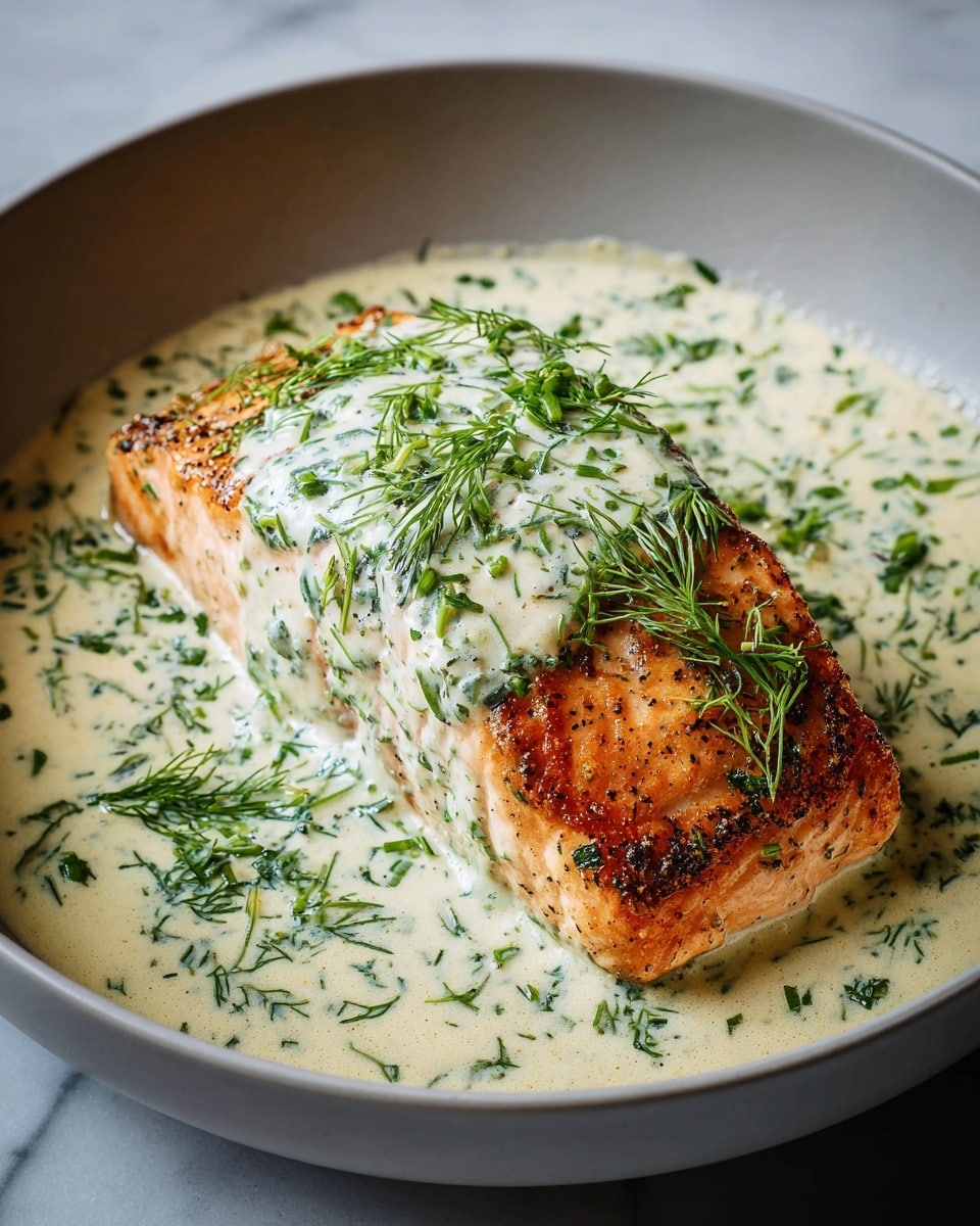 A thick, golden-brown grilled salmon fillet sits in the center of a white bowl, its crispy surface textured with fine black pepper and spices. On top, there is a creamy white dill sauce with chopped green herbs, spreading gently down the sides. The bowl is filled with more of the pale creamy sauce with visible small green dill leaves and specks of black pepper, creating a soft, smooth base around the fish. The salmon fillet is well-cooked, with a slightly shiny and moist interior visible near the edges. The white bowl rests on a white marbled surface, adding an elegant touch. Photo taken with an iphone --ar 4:5 --v 7