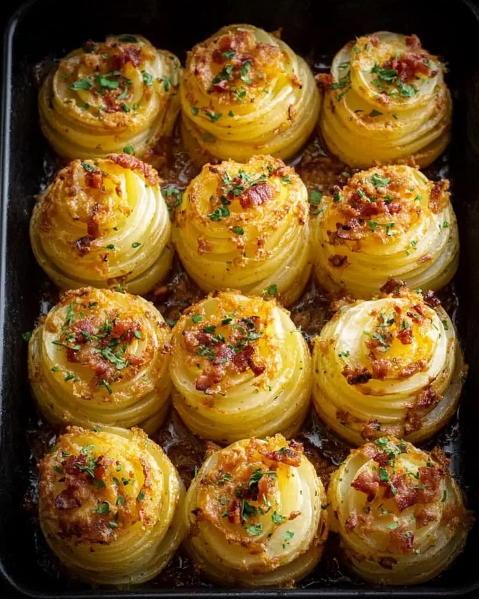 The image shows a black baking tray filled with seven round potato stacks arranged neatly in rows. Each potato stack has multiple thin layers, pale yellow with a slightly crispy, golden-brown crust on top. Bits of green herbs and small pieces of crispy bacon are scattered on the top layers, adding texture and color contrast. The potatoes look soft and well-cooked inside, while the tops have a crunchy appearance. The photo is taken from above, highlighting the layered texture and baked finish. Photo taken with an iphone --ar 4:5 --v 7