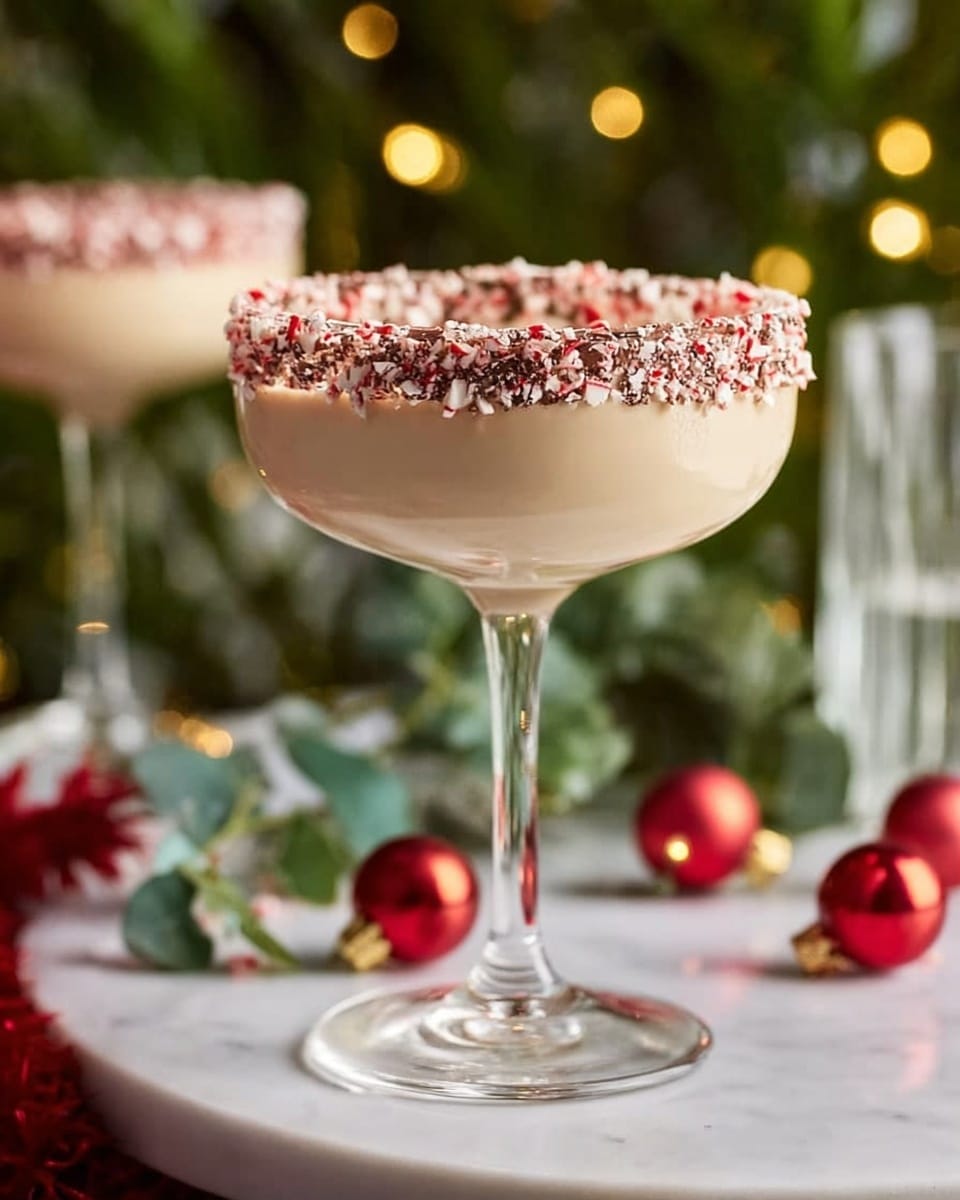 A creamy light tan drink fills a tall, clear glass with a wide, shallow bowl and a thin stem, standing on a white marbled surface. The drink reaches almost to the rim, which is covered with a ring of crushed red and white candy pieces mixed with chocolate, adding rough texture and color contrast. In the background, blurred green plants and small warm white lights create a soft festive look. Around the base of the glass, small shiny red ornaments lie scattered, enhancing the holiday feel. Photo taken with an iphone --ar 4:5 --v 7