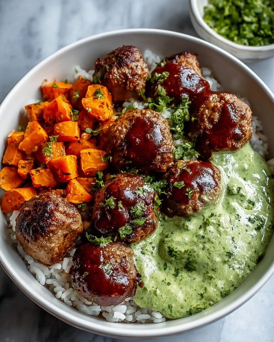 A white bowl with a layer of white rice at the bottom, topped with two groups of meatballs; one group of plain browned meatballs on the left and another group covered with dark red sauce on the right. There is a creamy green sauce spread in the middle over the rice, and bright orange roasted diced sweet potatoes are placed in the top left area of the bowl. The background shows a white marbled surface with a green chopped herb bowl slightly visible at the top right corner. Photo taken with an iphone --ar 4:5 --v 7