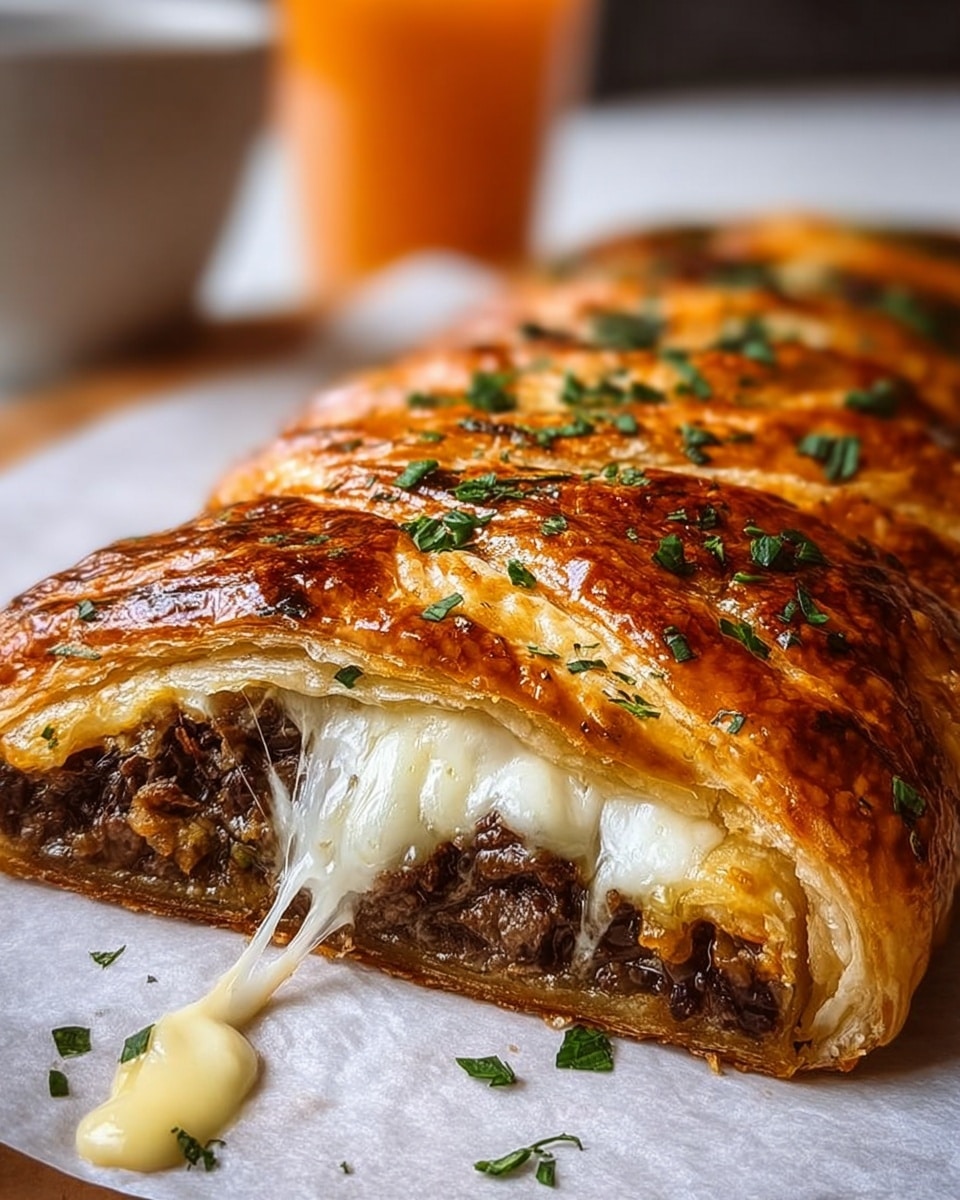 A close-up view of a rolled pastry with a golden-brown crisp and flaky outer layer sprinkled with chopped green herbs on top. Inside, there are two clear layers: a thick layer of melted white cheese that is stretching as it is pulled apart, and beneath it, a dense, juicy layer of cooked, dark brown beef chunks. The pastry sits on white parchment paper over a white marbled surface, with extra melted cheese and herbs visible near the bottom left. In the background, there is a blurred cup with orange liquid. Photo taken with an iphone --ar 4:5 --v 7