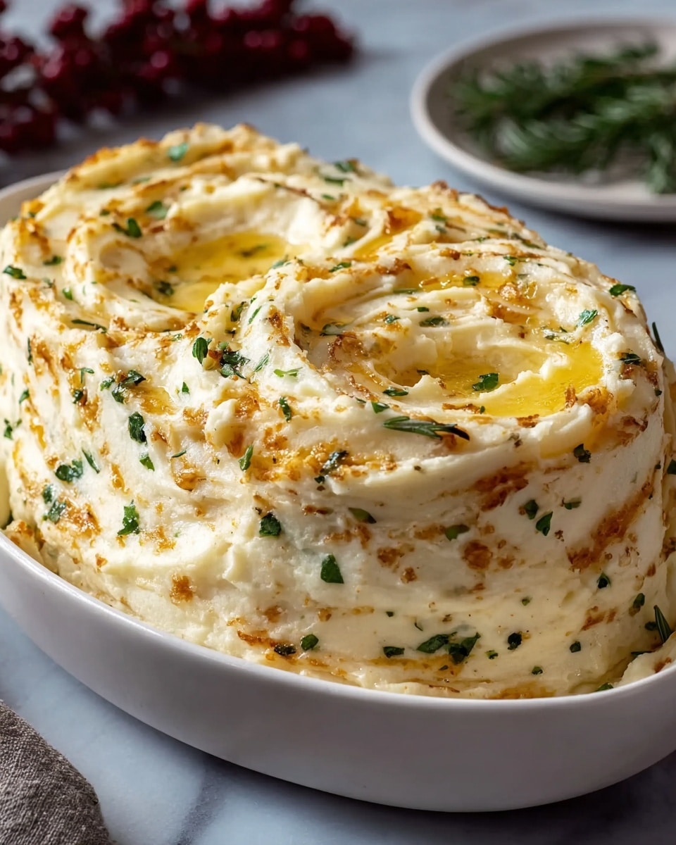 A large serving of mashed potatoes shaped in a smooth, elongated oval form sits in a white oval bowl. The top shows two slightly indented swirl-like layers with golden-brown spots from baking or broiling, giving a textured crispy look. Small pieces of green herbs are mixed evenly throughout the creamy white mashed potatoes, adding specks of fresh color. The surface of the mashed potatoes glistens with melted butter in the swirls, enhancing a rich, inviting look. The white marbled surface underneath contrasts softly with the dish, and a blurred plate with green herbs is seen in the background. photo taken with an iphone --ar 4:5 --v 7