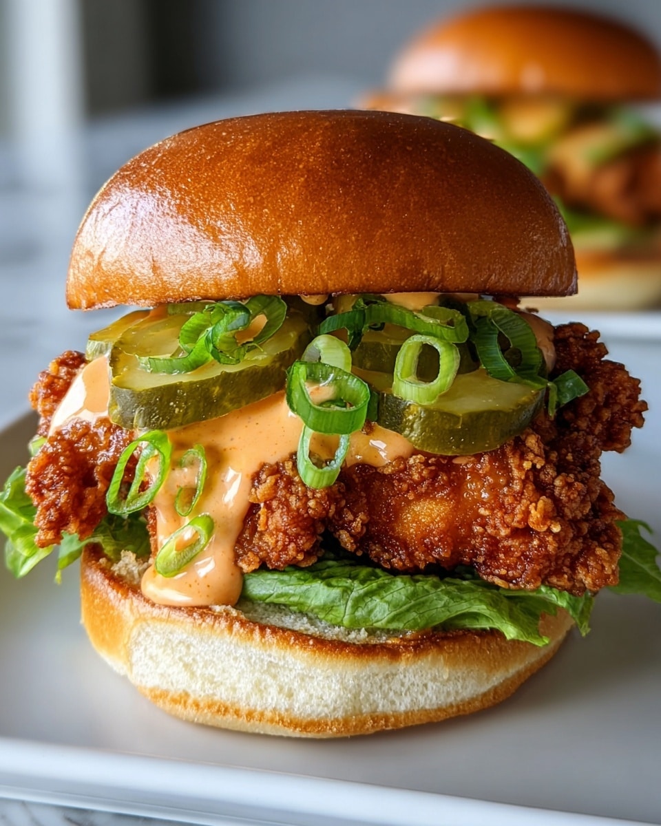 A close-up view of a fried chicken sandwich with four main layers, all held by a shiny, golden brown bun. The bottom layer starts with a soft white bun, topped with crisp green lettuce. Above the lettuce, there are several thick, crunchy pieces of golden-brown fried chicken. Drizzled over the chicken is a creamy, light orange sauce that slightly drips down. On top of the sauce, bright green sliced pickles and curled green onions sit neatly under the top bun, which has a smooth, glossy surface. The sandwich is placed on a white plate set on a white marbled texture background. Photo taken with an iphone --ar 4:5 --v 7