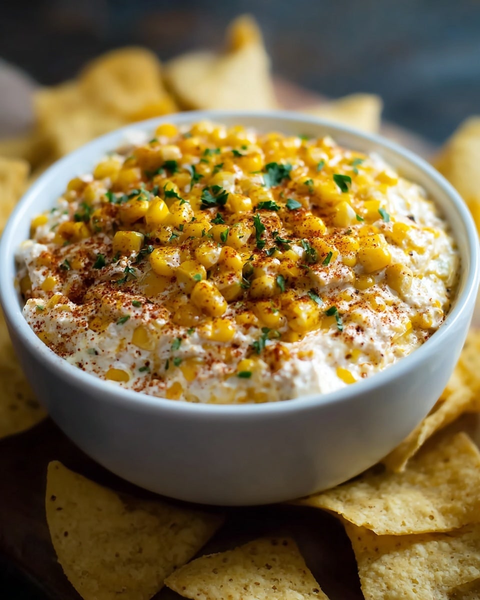 A white bowl filled with a creamy corn dip, showing a thick bottom layer of white creamy mixture mixed with whole bright yellow corn kernels. The top layer is sprinkled with reddish-brown spices and scattered small green herb pieces. The bowl is placed on a dark surface surrounded by light yellow tortilla chips. The background is softly blurred, focusing attention on the dip. photo taken with an iphone --ar 4:5 --v 7