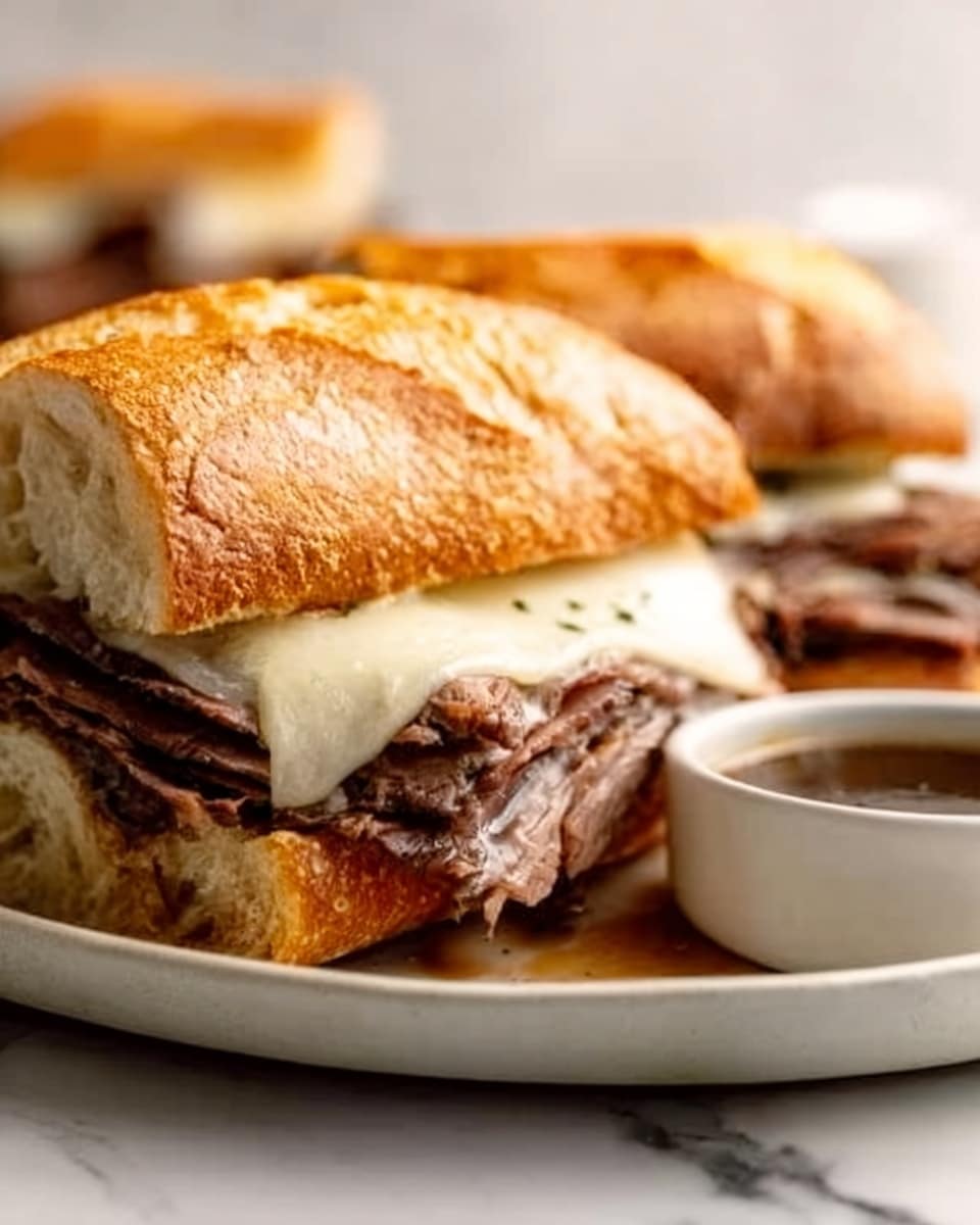 The image shows a sandwich with a golden brown crusty bread roll sliced in the middle. Inside, there is a thick layer of dark roast beef piled high and topped with melted light-colored cheese, slightly dripping over the edges. The sandwich rests on a white plate with small green herb pieces scattered around it. Next to the sandwich, there is a small white bowl filled with brown gravy. The background is a white marbled surface. photo taken with an iphone --ar 4:5 --v 7