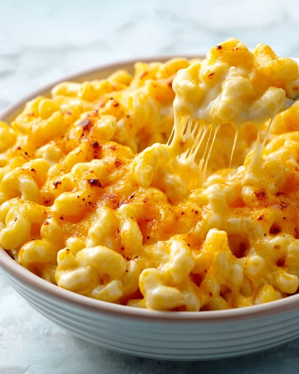 A close-up view of a white bowl filled with creamy macaroni and cheese. The top layer is golden melted cheese browned slightly with some darker spices sprinkled on it, showing a glossy and stretchy texture as a portion is lifted, revealing gooey cheese strands pulling away. The macaroni underneath is pale yellow, soft and coated fully with creamy cheese sauce, densely packed inside the bowl. The background is a white marbled texture. photo taken with an iphone --ar 4:5 --v 7