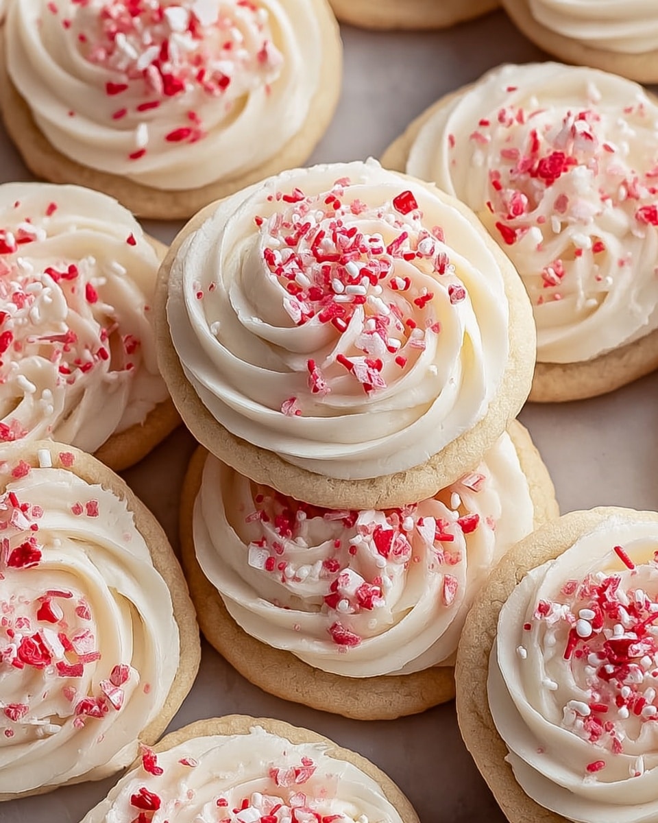 A close-up view of soft round cookies arranged closely on a white marbled surface, each cookie featuring one layer of light beige dough as the base. On top, there is one thick swirl layer of smooth, creamy white frosting that looks fluffy and soft with neat circular ridges. Scattered generously over the frosting are small shards and sprinkles in bright red and white, adding a pop of color and texture. The cookies look fresh and inviting, with one cookie slightly stacked above another in the center, showing the thickness of the base and frosting clearly. photo taken with an iphone --ar 4:5 --v 7