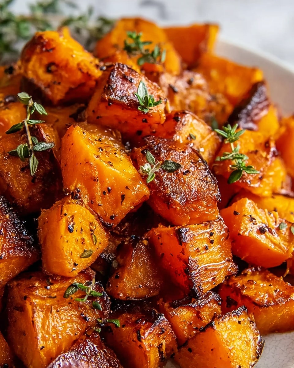 A close-up view of roasted sweet potato cubes piled together, each piece showing a mix of bright orange and golden-brown colors with crispy, slightly charred edges. The sweet potatoes are coated in a glossy glaze that catches the light, sprinkled with small green thyme leaves, some resting on top and between the cubes. The background is a white marbled texture that softly contrasts with the warm tones of the sweet potatoes. photo taken with an iphone --ar 4:5 --v 7