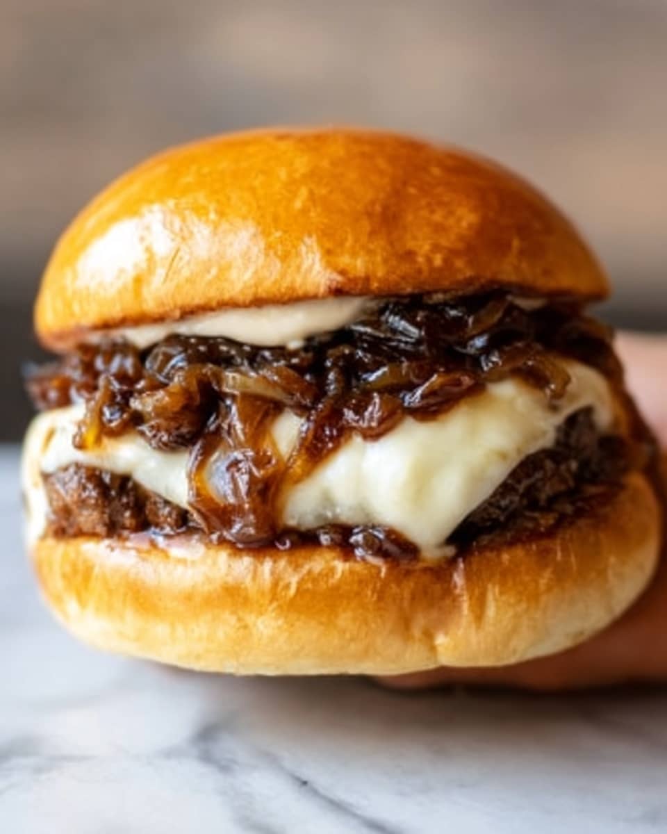A close-up of a cheeseburger with three layers of soft, shiny toasted bun; the top bun is golden brown with a smooth texture, the middle contains melted white cheese dripping over a thick, juicy beef patty covered in dark caramelized onions with a glossy finish, and the bottom bun is soft and slightly toasted. The burger is held by a woman's hand, and the background is a white marbled texture. photo taken with an iphone --ar 4:5 --v 7