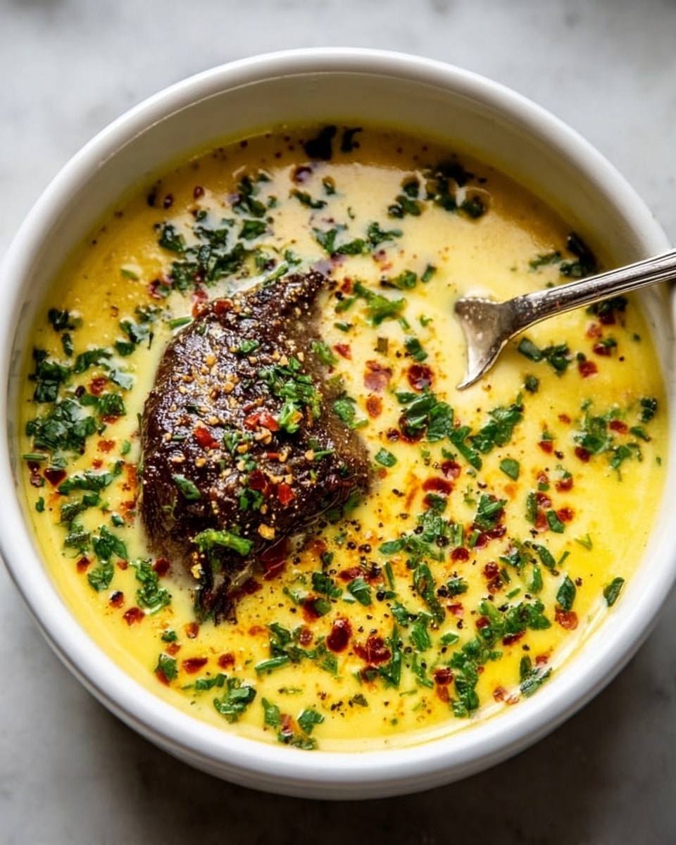 A white bowl filled with a creamy yellow soup that has a thick texture, with a large piece of dark brown meat partially submerged in the center. The soup is topped with finely chopped green herbs and scattered red chili flakes, creating a colorful contrast against the yellow base. A silver spoon rests inside the bowl on the right side. The bowl sits on a white marbled textured surface. photo taken with an iphone --ar 4:5 --v 7
