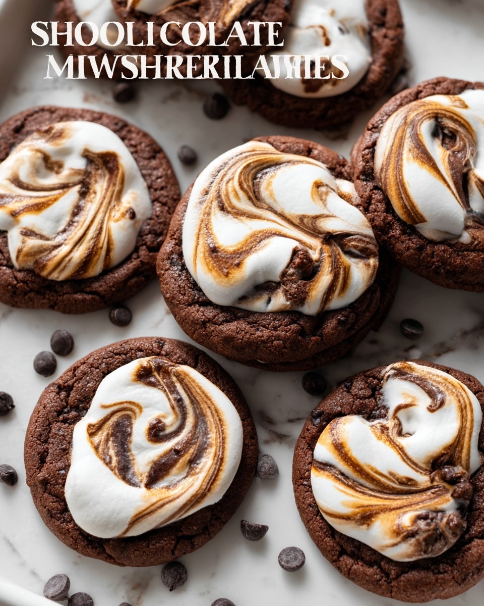 A close-up view of a batch of round chocolate cookies with white marshmallow swirls baked on top, arranged casually on a white tray with scattered chocolate chips around. Each cookie has two main layers: the base layer is dark brown with a soft texture, and the top layer is white marshmallow with light brown chocolate swirls creating a marbled effect. The cookies vary slightly in size and placement, some overlapping and others spread out, showing their round edges and soft, slightly cracked surface. The background is a white marbled texture, enhancing the rich colors of the cookies. Photo taken with an iphone --ar 4:5 --v 7