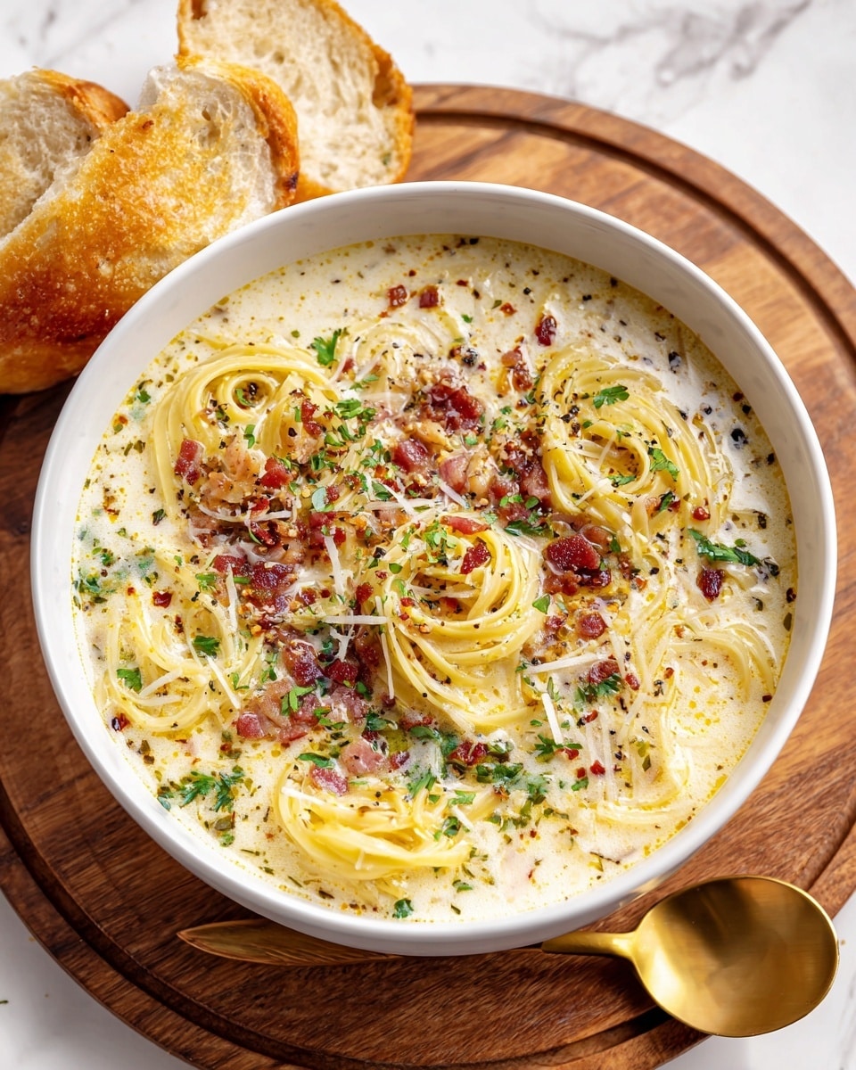 A white bowl filled with creamy pasta soup with three visible layers: a swirl pasta base in a pale yellow color in the bottom layer, a rich, creamy white broth mixed evenly with that pasta, and a top layer sprinkled with green herbs, small bits of browned bacon, grated white cheese, and black pepper flakes giving a textured and colorful finish. The bowl sits on a wooden board with two pieces of bread and a gold spoon resting on the edge, all against a white marbled texture surface. photo taken with an iphone --ar 4:5 --v 7