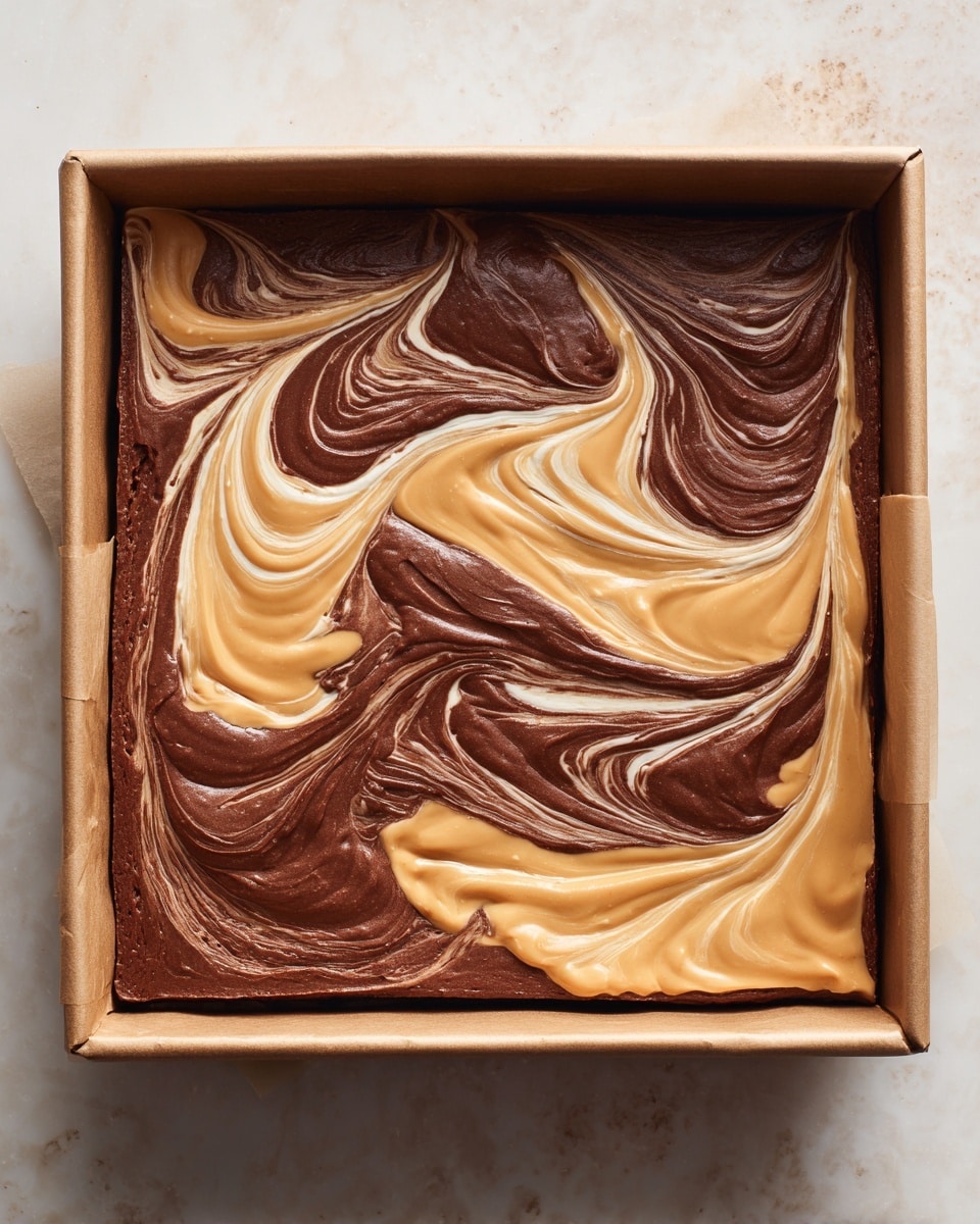 A square metal baking pan lined with parchment paper holds a dessert batter with two visible layers swirled together on top: a dark brown chocolate base and a light brown peanut butter layer, creating a marbled pattern with smooth, flowing, wave-like lines across the surface. The marbling layer is thick and glossy, showing a mix of both colors in a visually appealing swirl over the entire batter. The pan rests on a white marbled texture with a blurred background. Photo taken with an iphone --ar 4:5 --v 7