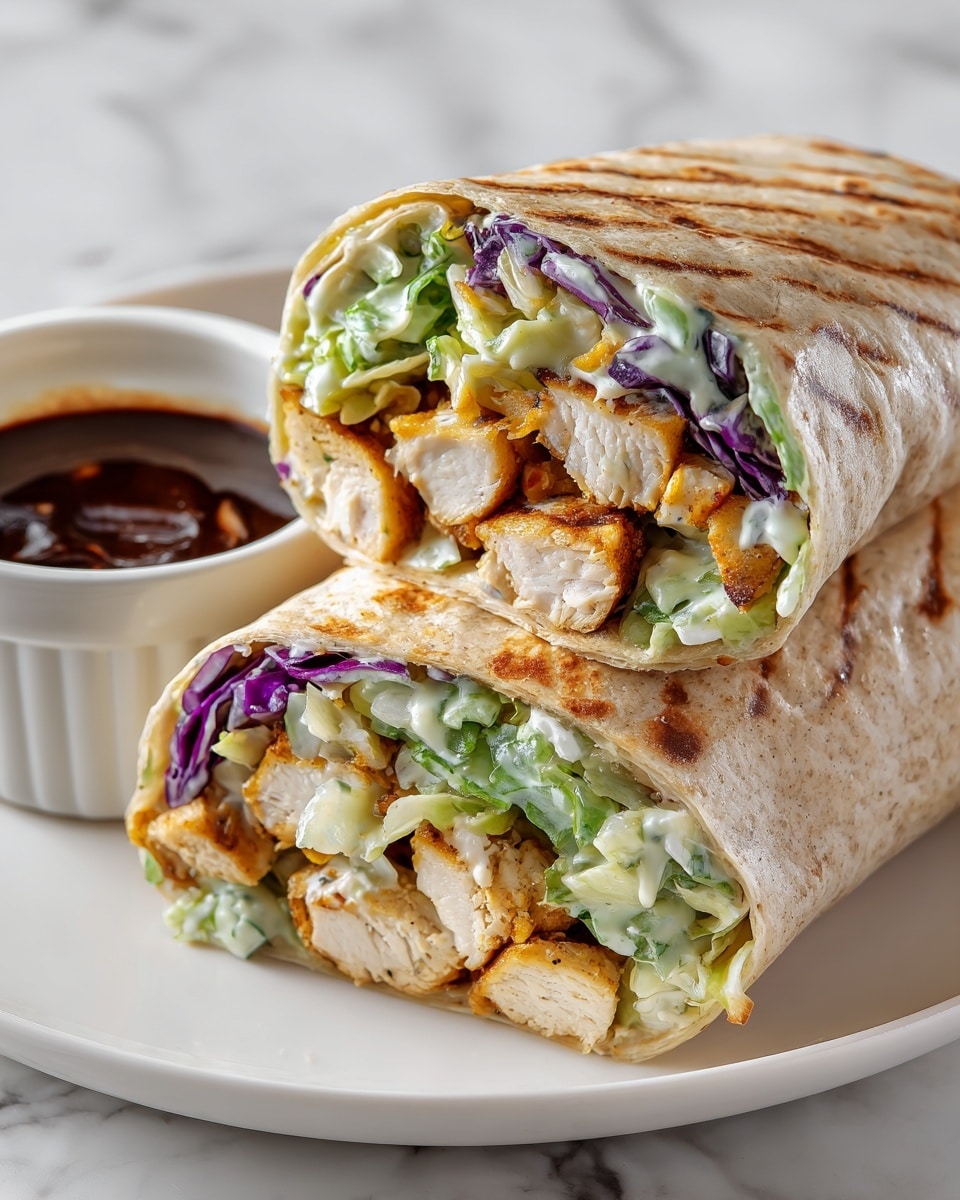 The image shows a close-up of a cut wrap sandwich placed on a white plate. The wrap has a soft, light brown outer layer with visible grill marks. Inside, there are three clear layers: the top layer has shredded green lettuce and purple cabbage, the middle layer has juicy, golden-brown grilled chicken pieces, and the bottom layer contains a creamy white sauce mixed with small diced vegetables. Next to the wrap, there is a small white bowl with a dark brown sauce. The background is a white marbled surface. Photo taken with an iphone --ar 4:5 --v 7