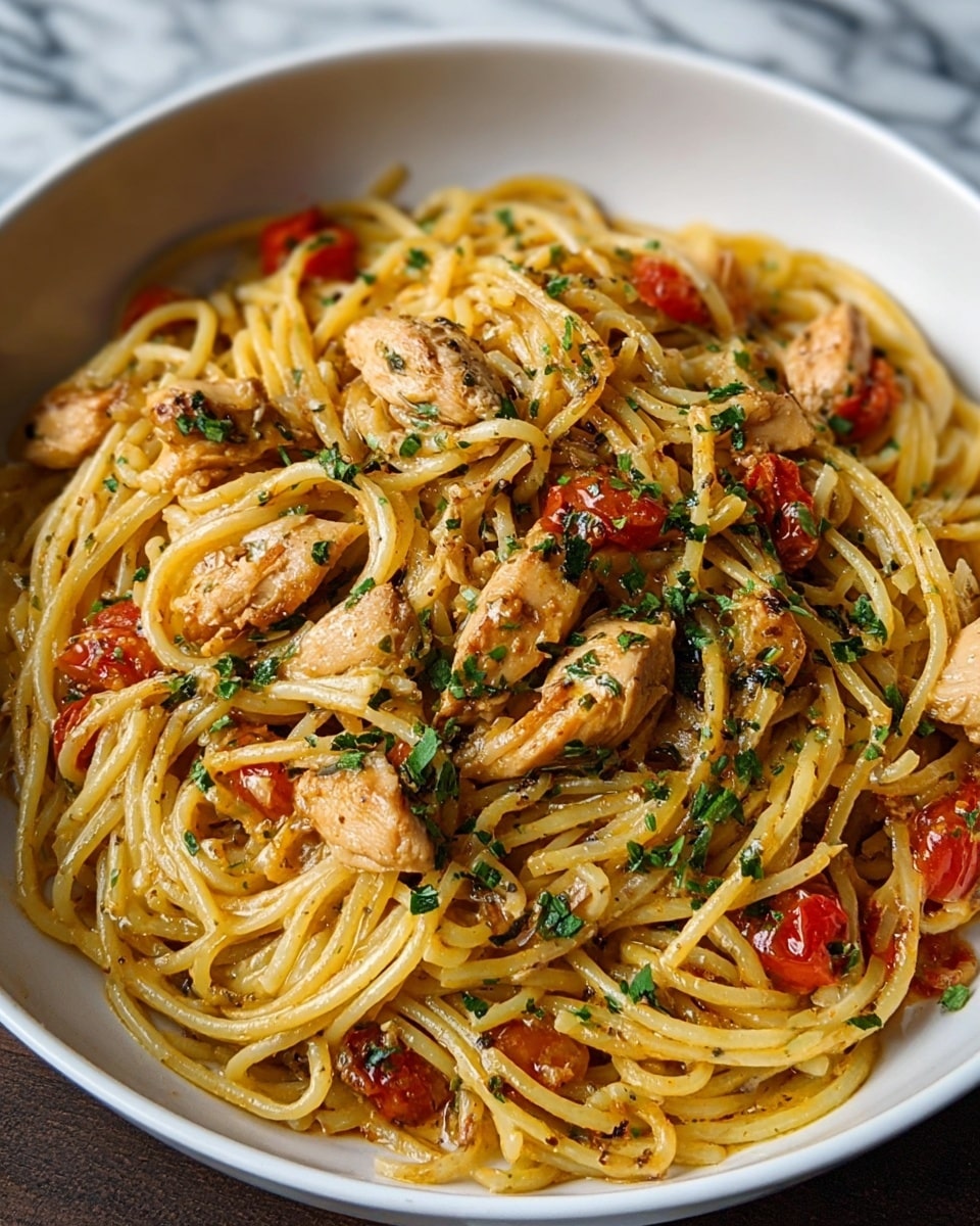 A white plate filled with a single layer of cooked spaghetti pasta mixed with small pieces of light brown cooked chicken, scattered bright red cherry tomato halves, and finely chopped green parsley on top. The spaghetti appears glossy from a light sauce coating, and the chicken pieces have a slightly browned texture. The ingredients are evenly spread across the plate, giving a colorful and fresh look. The plate is shown on a white marbled surface in soft lighting. photo taken with an iphone --ar 4:5 --v 7