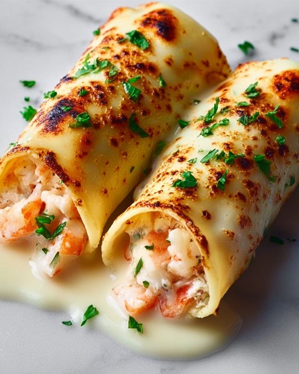 The image shows two cannelloni pasta rolls placed close together on a white marbled surface. Each roll is filled with a creamy shrimp mixture that is visible at the open ends. The pasta is cooked to a soft, translucent golden color with slight char marks, giving a grilled look. The rolls are topped with finely chopped green herbs, adding a fresh contrast to the shrimp filling and pale pasta. Around the cannelloni, there are creamy sauce drips with a slightly glossy texture that enrich the dish's presentation. photo taken with an iphone --ar 4:5 --v 7