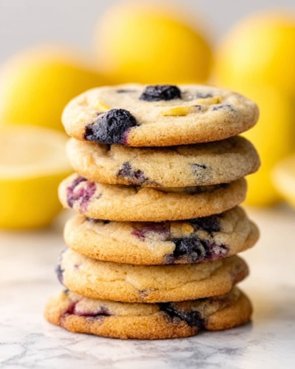 A stack of five round cookies with golden-brown edges and a soft, slightly crumbly texture is placed on a white marbled surface. Each cookie shows visible blueberries baked into the dough, adding dark blue and purple spots randomly across the cookie layers. The top cookie has a few blueberries more clearly visible, while the cookies below have a mixture of more hidden and slight cracks revealing the blueberries inside. In the background, there are blurred yellow lemons placed on the same surface, adding a fresh and bright contrast to the warm cookie stack. Photo taken with an iphone --ar 4:5 --v 7