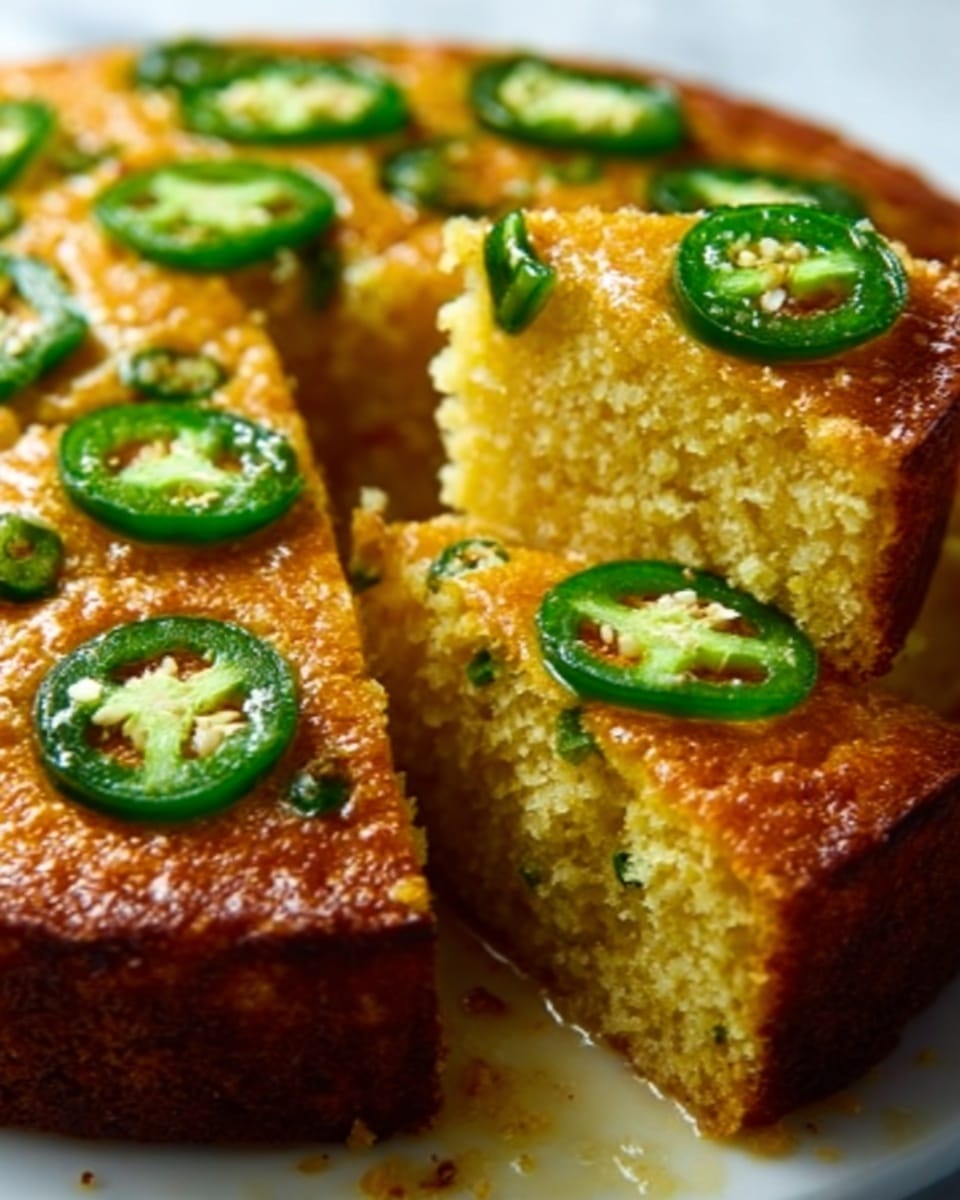 The image shows a close-up of a thick, round cornbread cut into pieces. The cornbread has a golden-brown crust on top and a soft, crumbly, light-yellow inside. Each piece is topped with thin slices of green jalapeño peppers evenly placed on the golden crust. The cornbread is on a white plate that sits on a white marbled surface. The focus is mostly on one piece being pulled out, showing the soft texture inside. Photo taken with an iphone --ar 4:5 --v 7