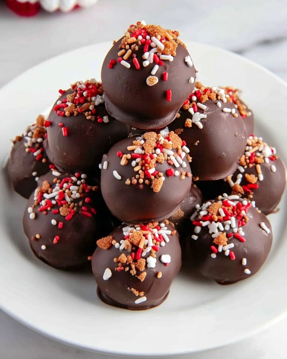 A white plate holds a pile of round chocolate balls, each covered in smooth dark chocolate with a slightly shiny finish. The chocolate balls are topped with colorful sprinkles in red, white, brown, and small orange shapes that stand out against the dark chocolate. The balls are stacked in a small pyramid shape, showing layers of the chocolate coating around the soft inside. The plate rests on a white marbled surface that adds a bright and clean background to the image. photo taken with an iphone --ar 4:5 --v 7