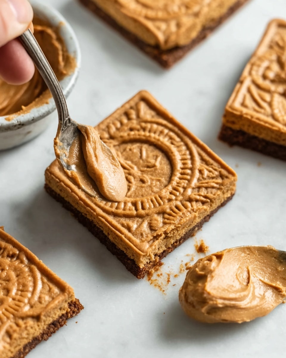 The image shows a square cookie with a smooth caramel-colored top layer embossed with detailed patterns and text. Its edges are slightly cracked, revealing a thick, dense golden-brown base below. A spoon dipping into a smooth, creamy light brown spread is nearby, with some of the spread on the side of the cookie. The cookies are placed on a white marbled surface, and a woman's hand is holding one cookie in the top part of the image. photo taken with an iphone --ar 4:5 --v 7