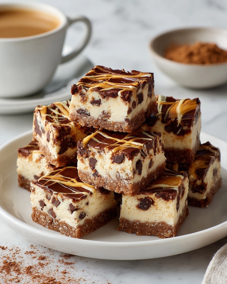A white round plate holds six square blondie bars stacked in a pyramid shape. Each blondie has a light brown top layer with a slightly cracked texture and drizzle of caramel sauce, a middle layer of gooey caramel with a shiny appearance, and a darker brown bottom layer that looks dense and moist. The plate sits on a white marbled surface with a blurred background showing a white cup filled with coffee and a small bowl with extras. One small caramel candy is on the surface near the plate. photo taken with an iphone --ar 4:5 --v 7